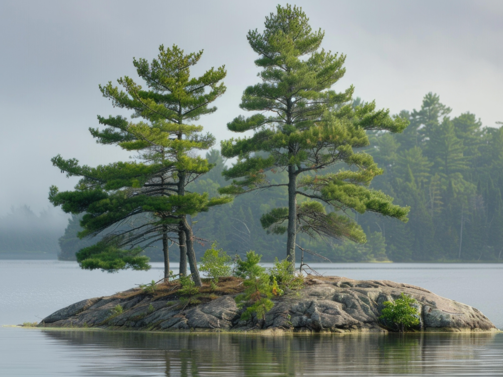 Windswept pines on a rocky island in an Ontario lake